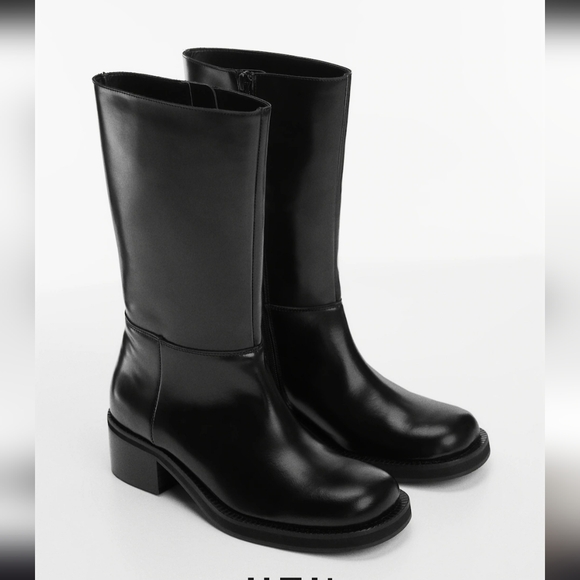 Mango Shoes - NWOT MNG Mango Leather boots zip closure Long Line Black Heeled 38 7.5 Square